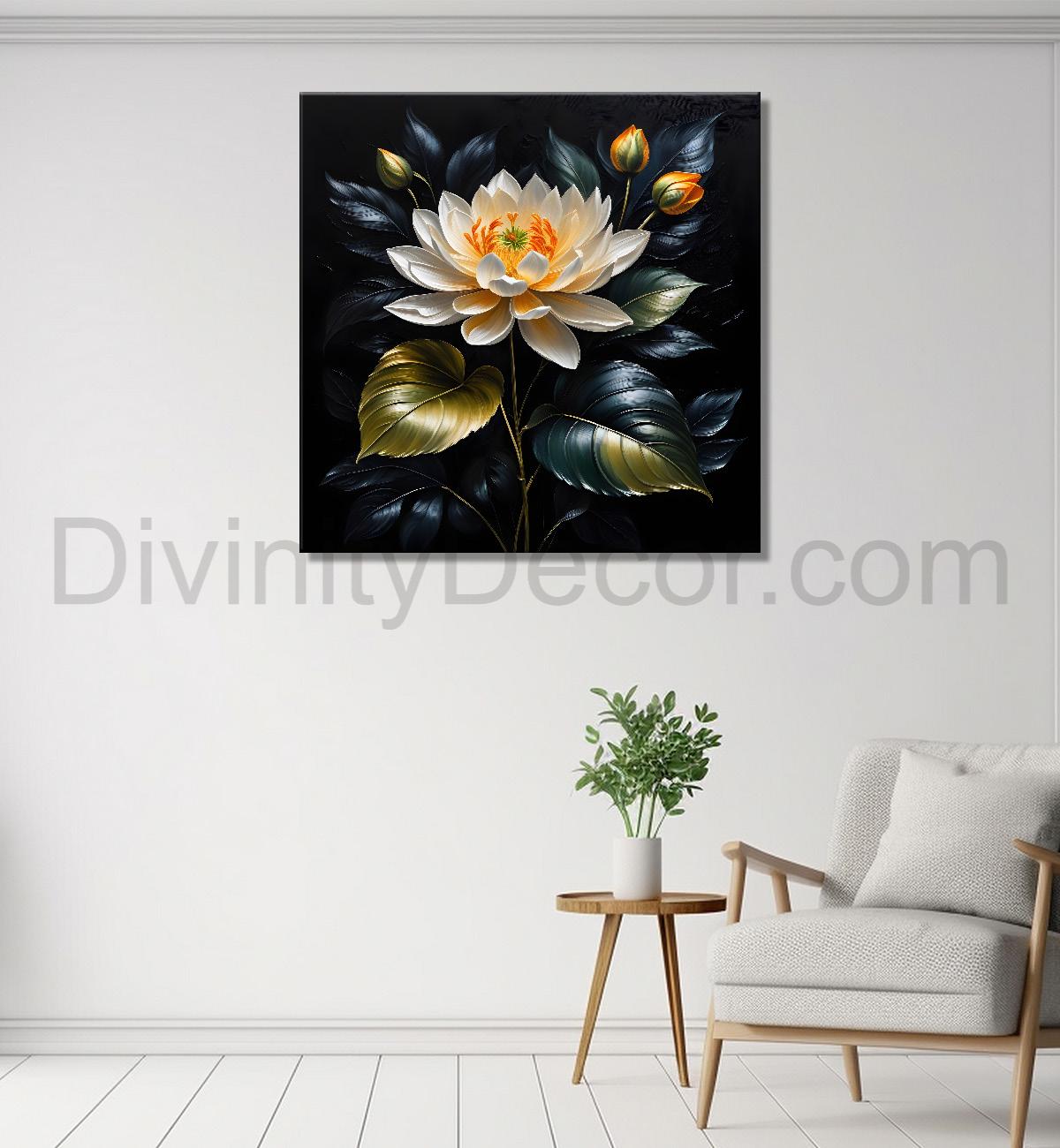 White flowers in black textured oil painting - Flower-S-439
