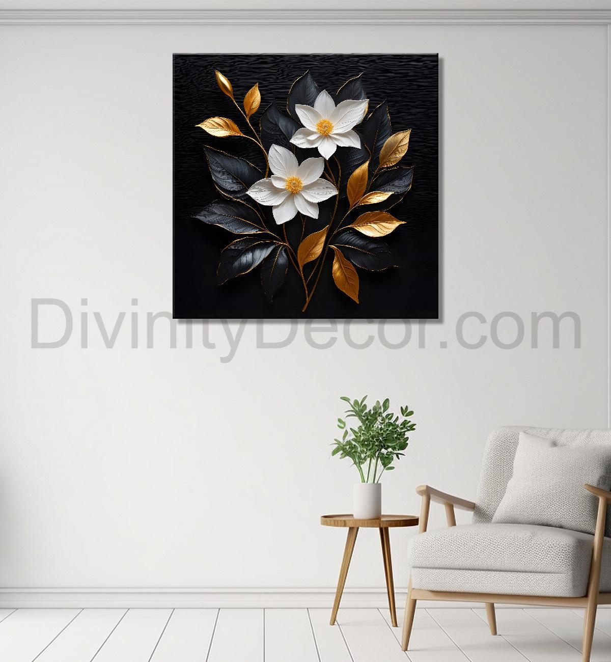 White flowers in black textured oil painting - Flower-S-440