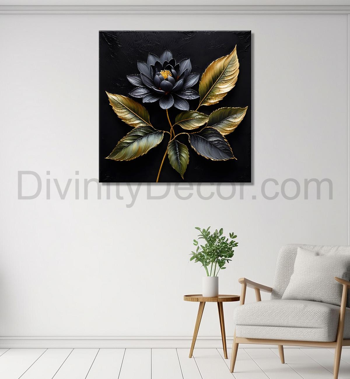 Blue flowers in black textured oil painting - Flower-S-441