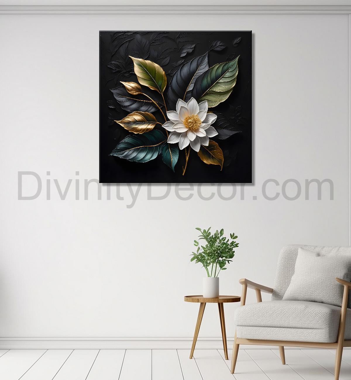 White flower in black textured oil painting - Flower-S-442