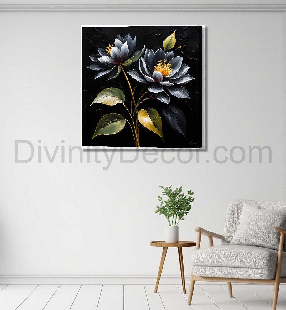 Blue flowers in black textured oil painting  - Flower-S-444