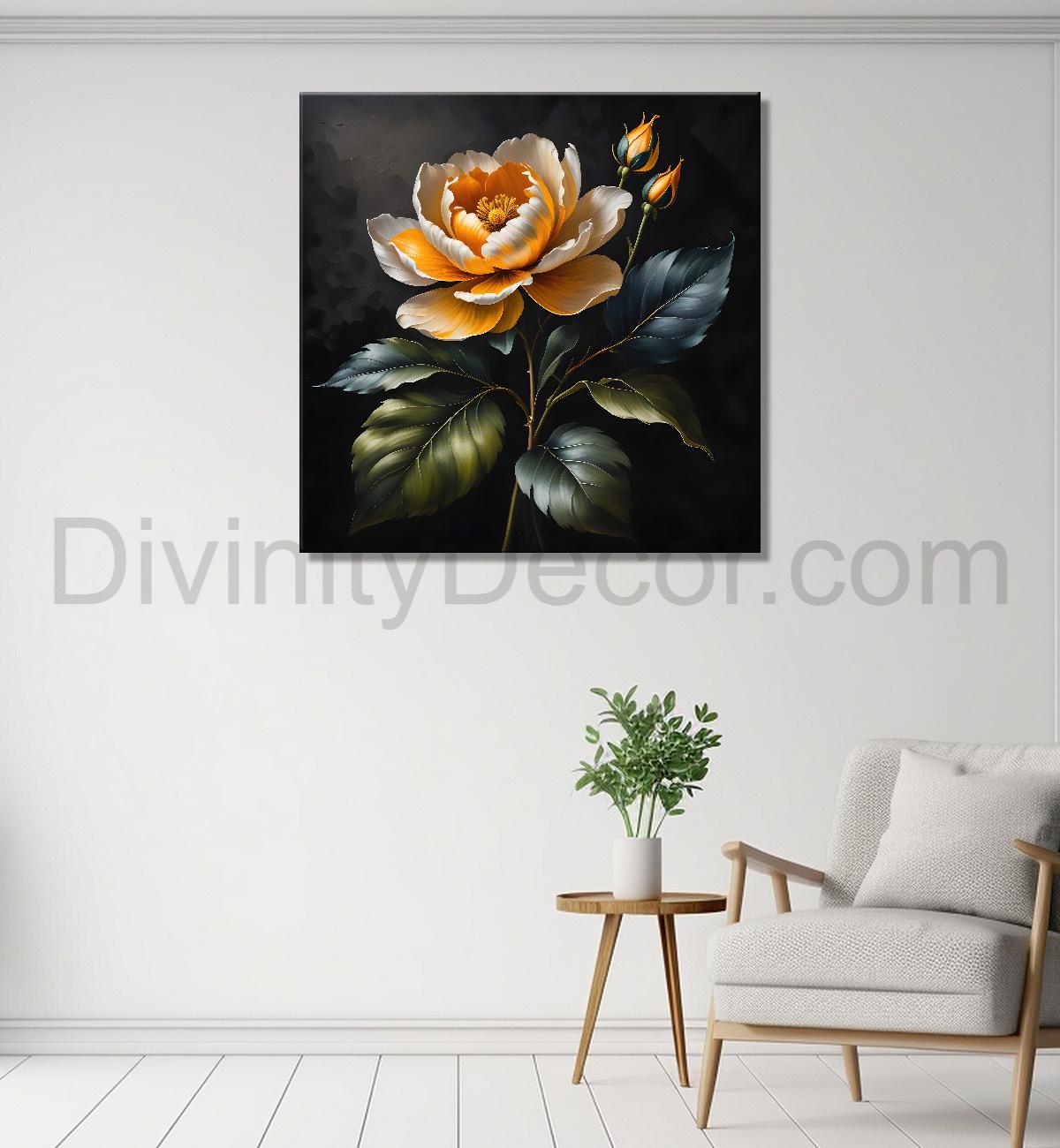 Yellow flower in black textured oil painting - Flower-S-445