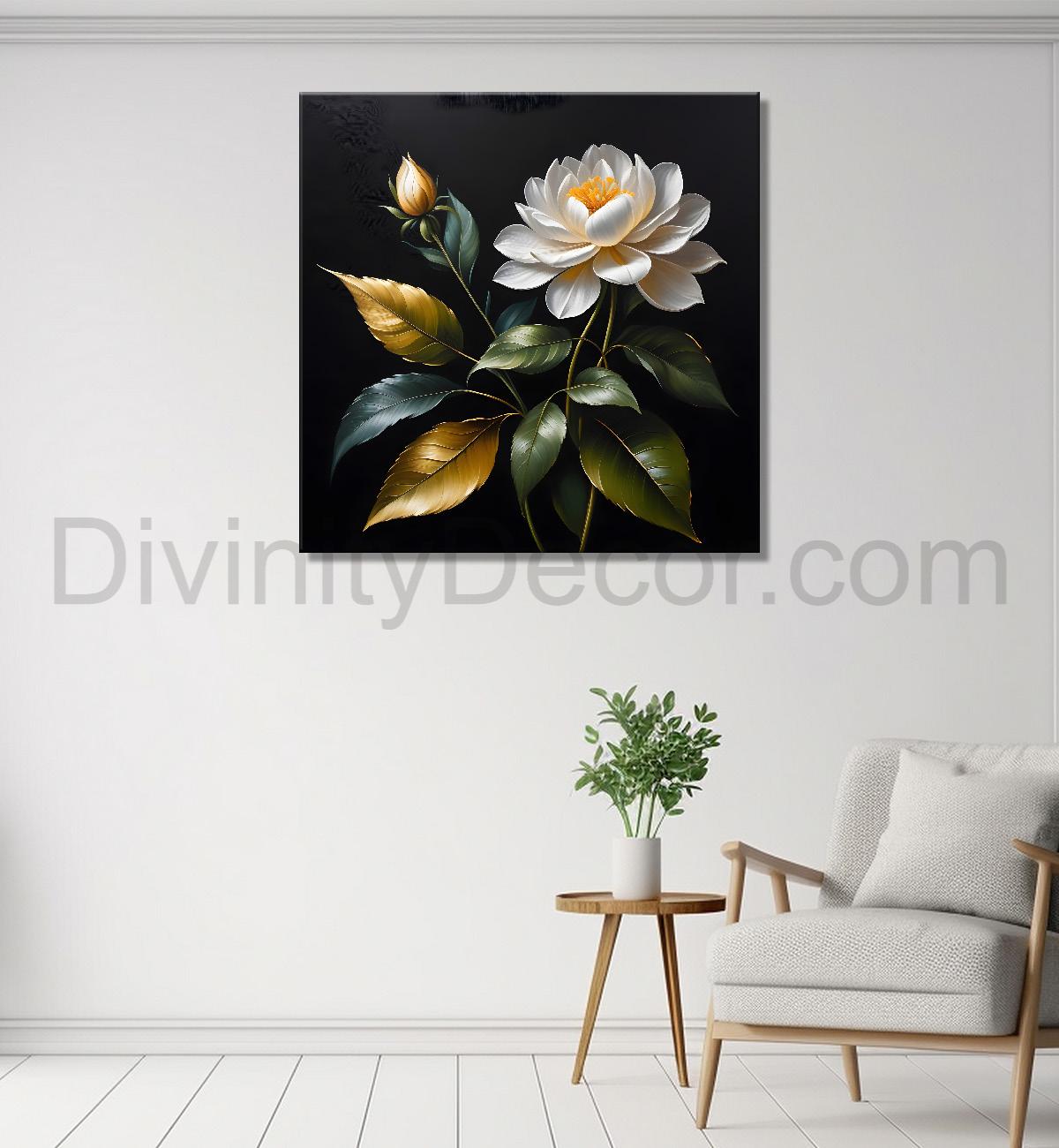 White flower in black textured oil painting - Flower-S-446