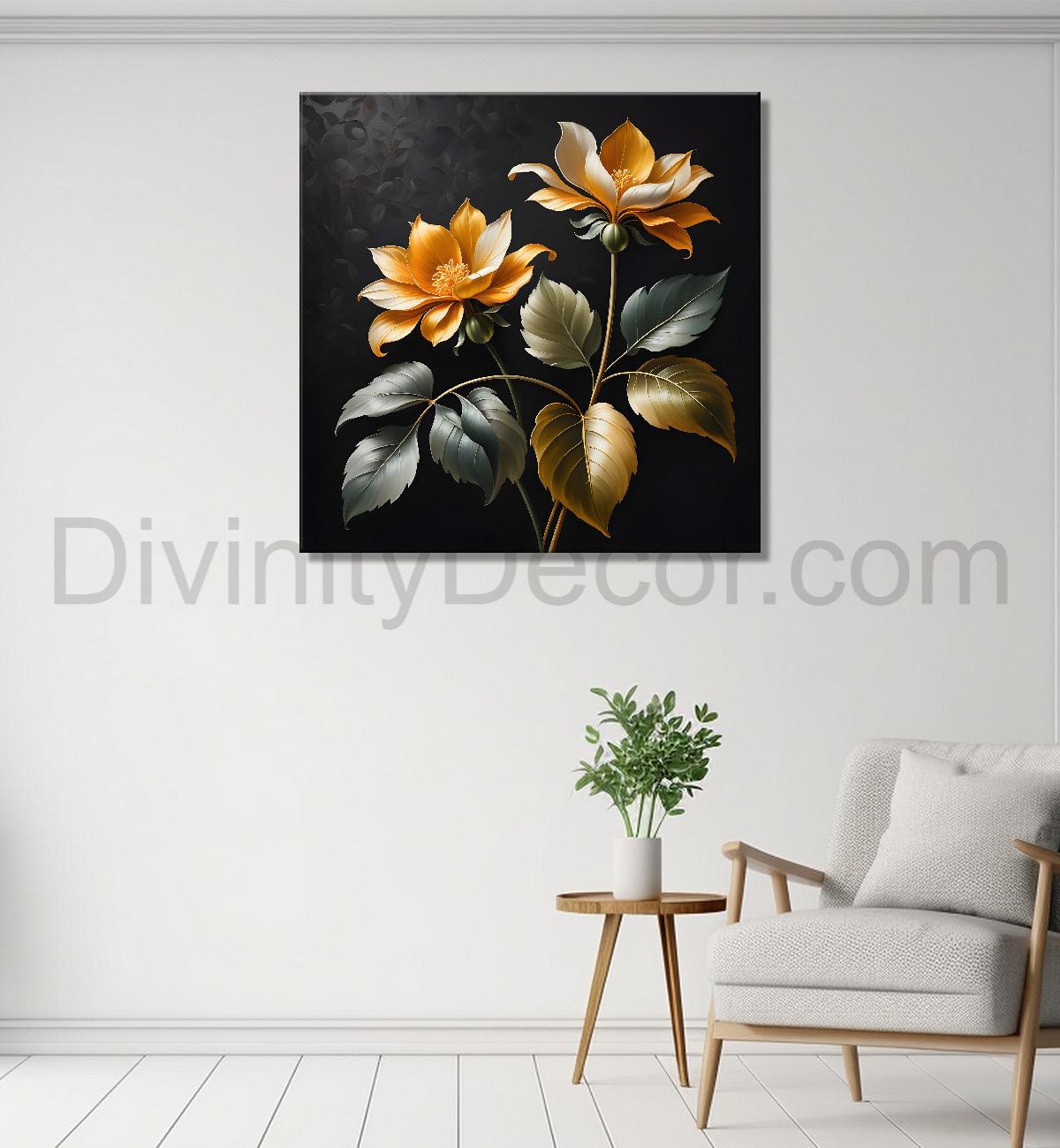 Yellow flower in black textured oil painting - Flower-S-447