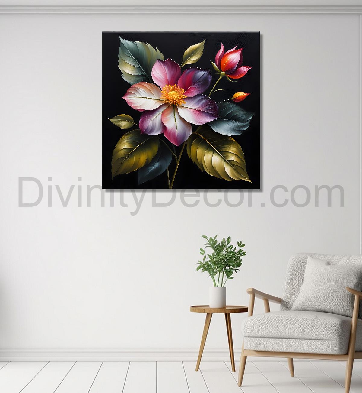 Pink flower in black textured oil painting - Flower-S-448
