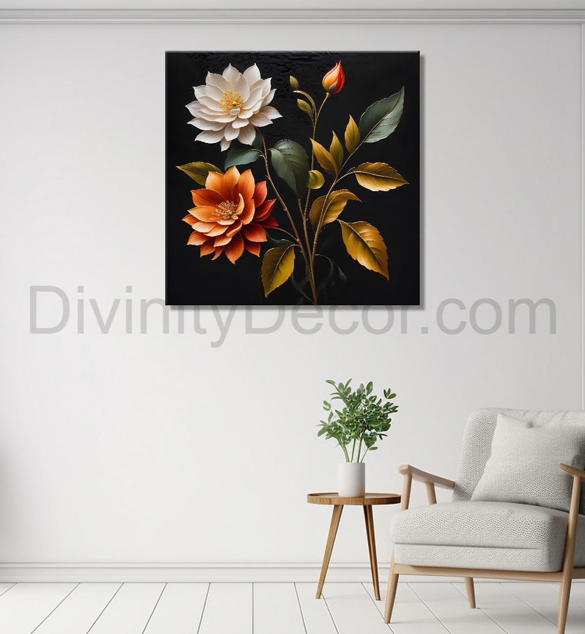 Colourful flower in black textured oil painting - Flower-S-449