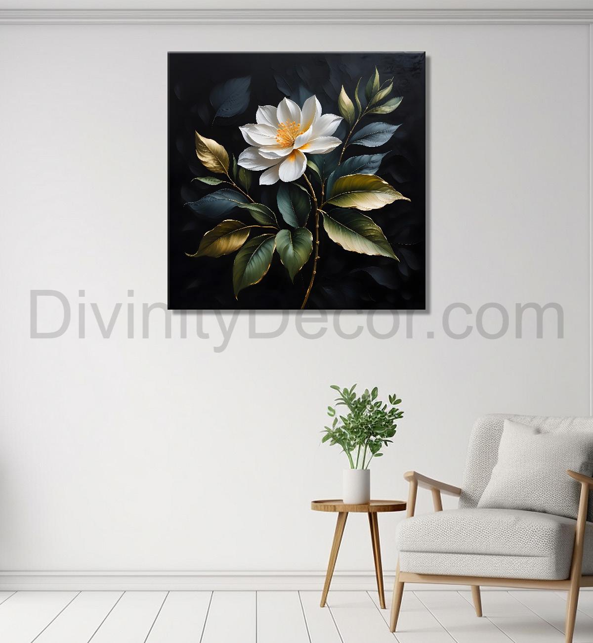 White flower in black textured oil painting - Flower-S-450