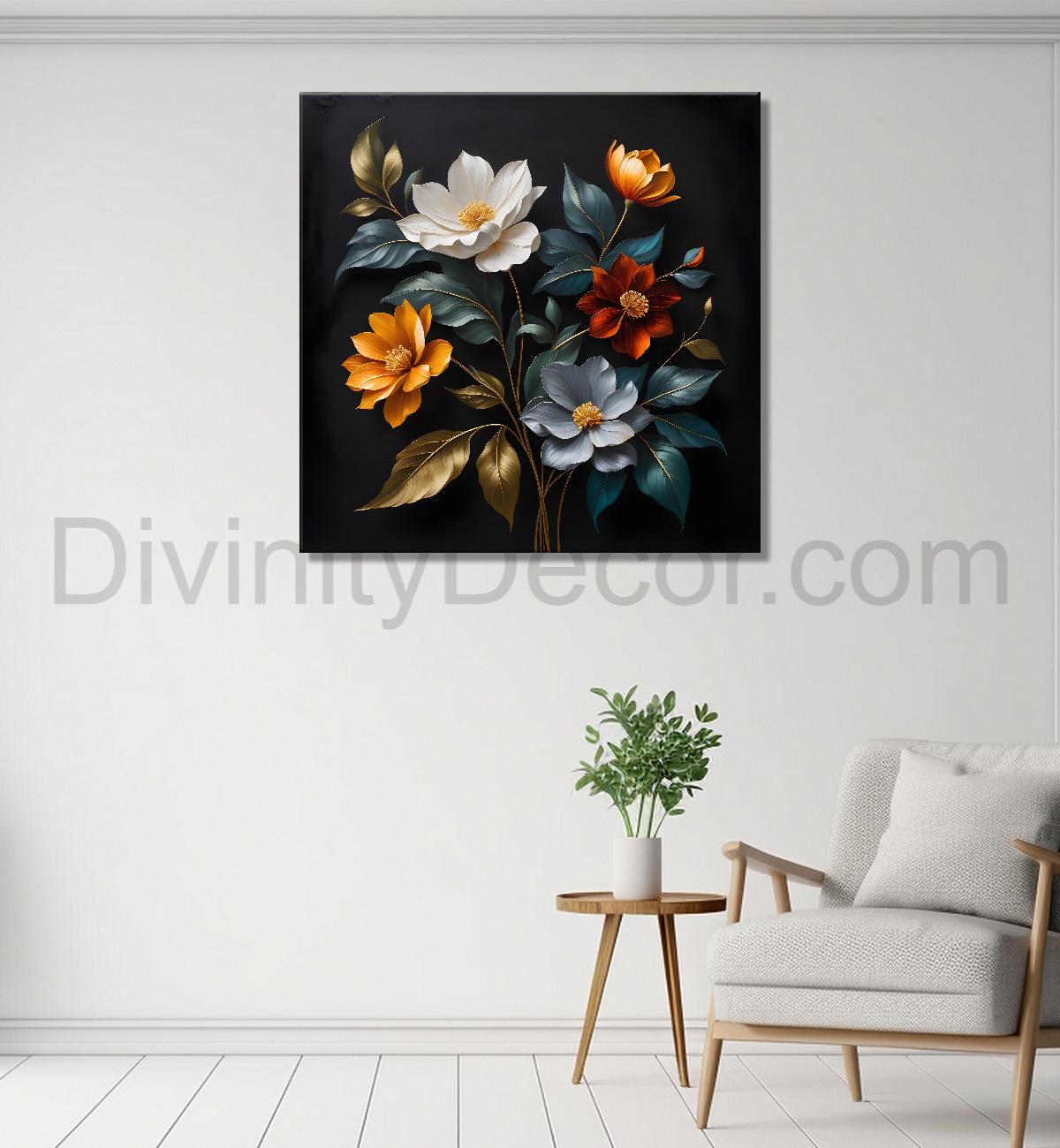 Colourful flower in black textured oil painting - Flower-S-451