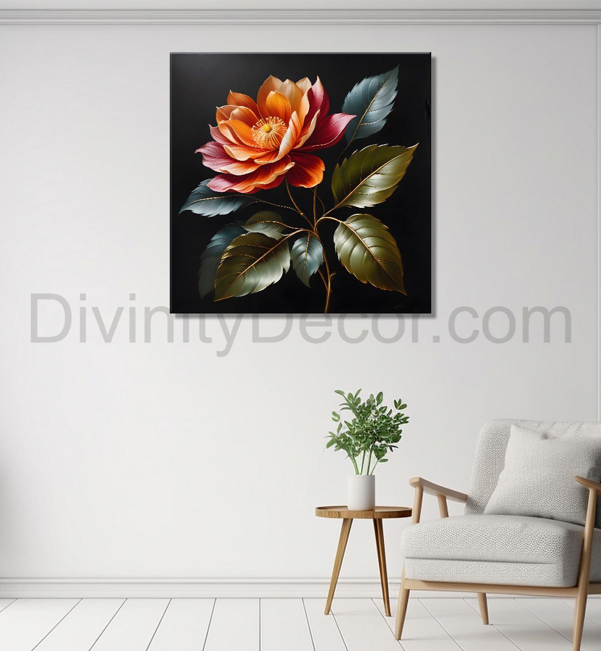 Pink flower in black textured oil painting - Flower-S-453