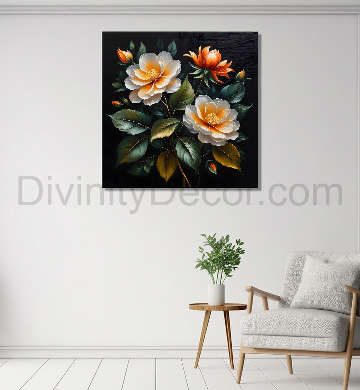 Colourful flower in black textured oil painting - Flower-S-454