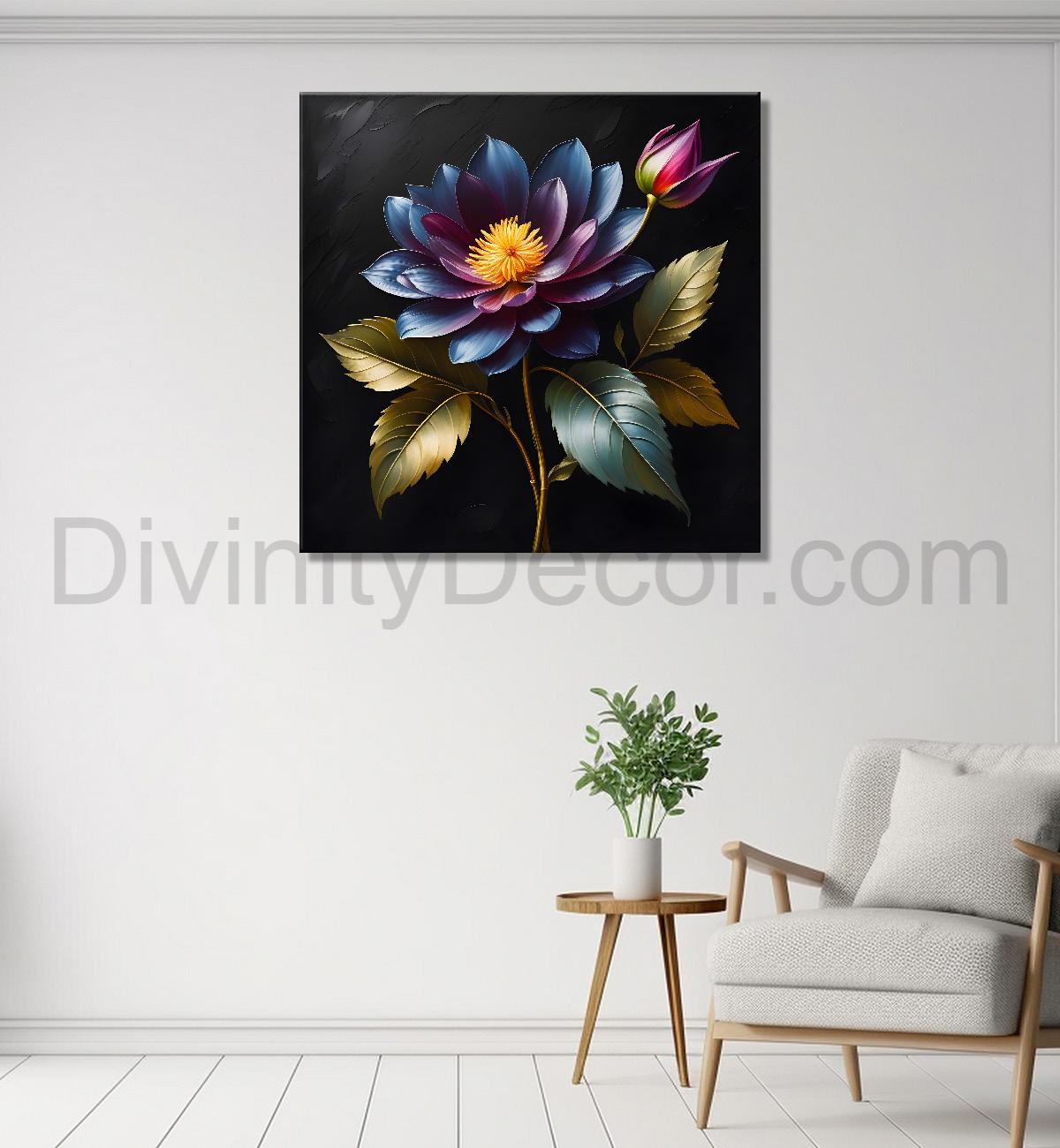 Purple flower in black textured oil painting - Flower-S-455