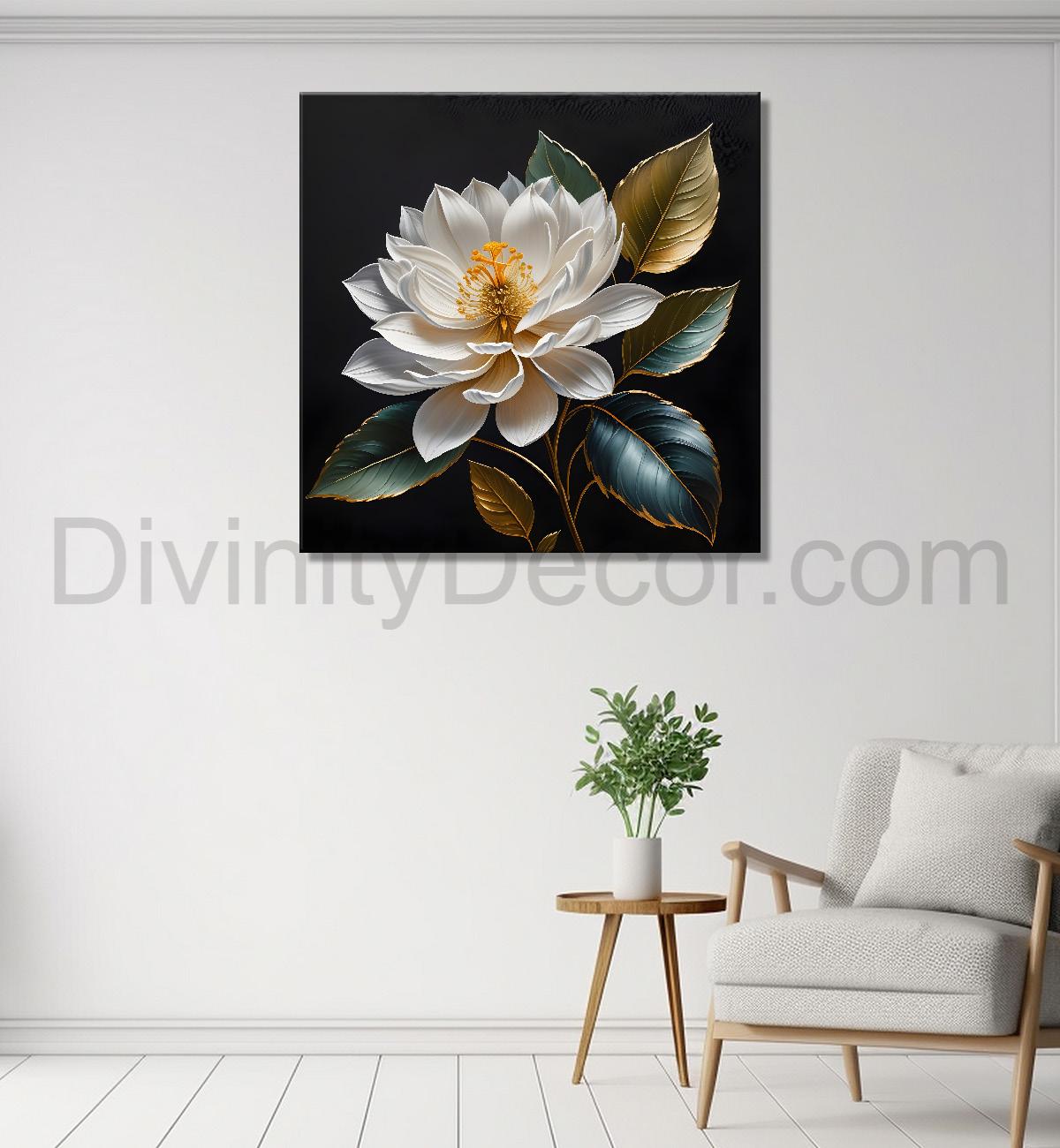 White flower in black textured oil painting - Flower-S-456