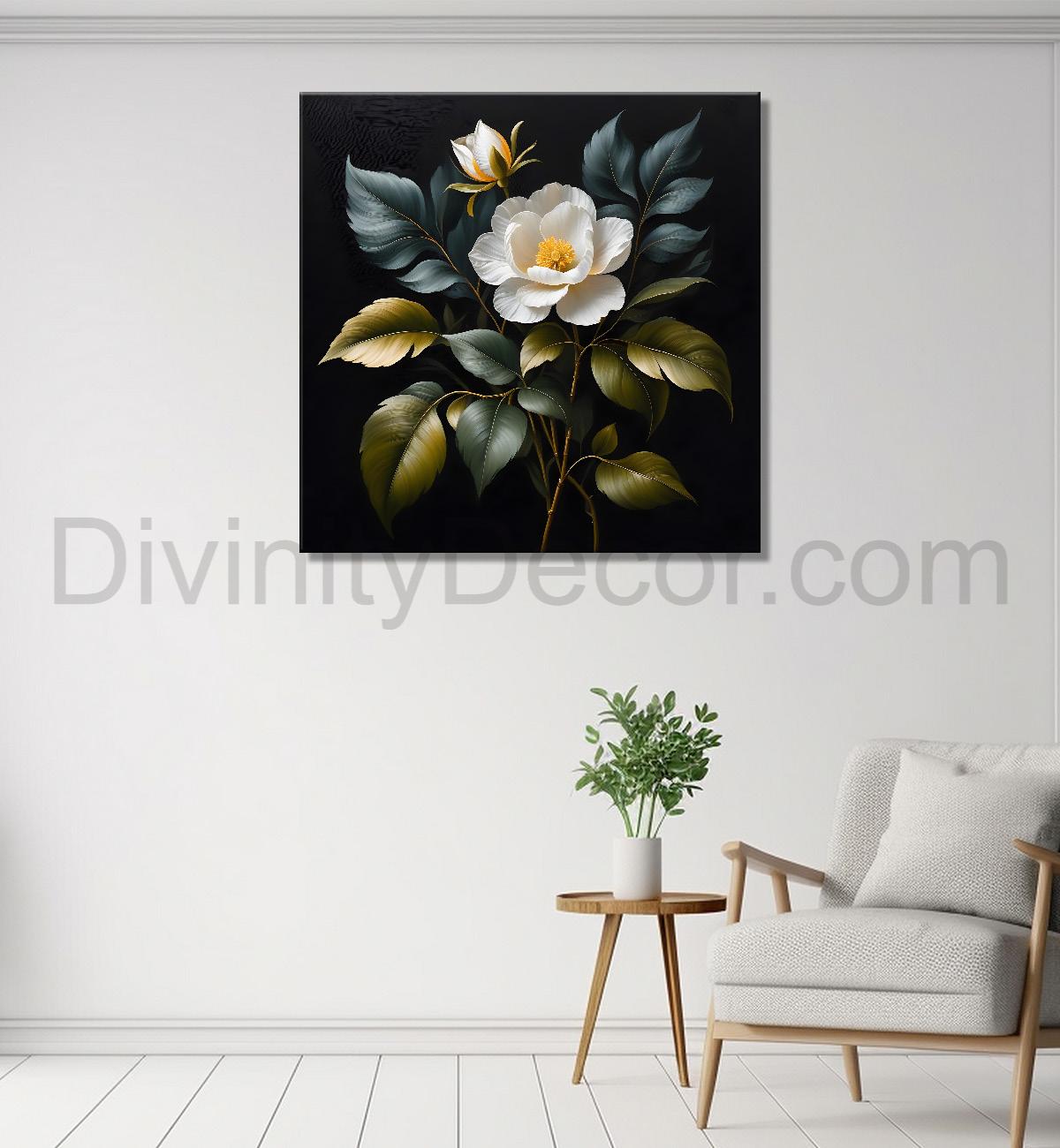 White flower in black textured oil painting - Flower-S-457
