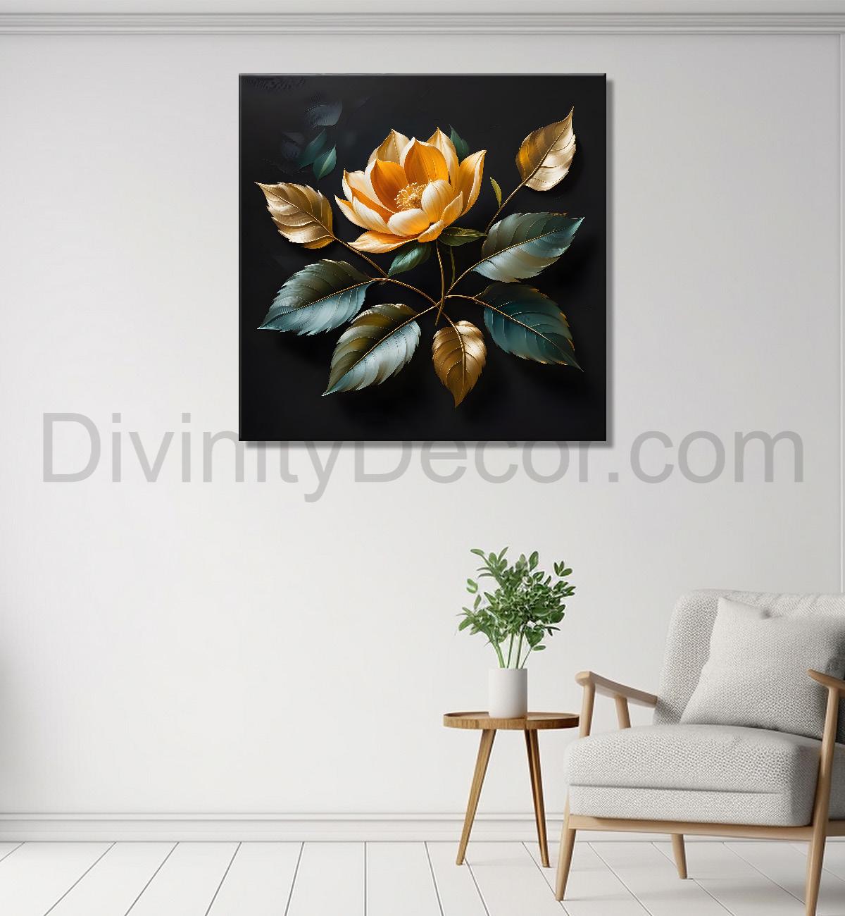 Yellow flower in black textured oil painting - Flower-S-458