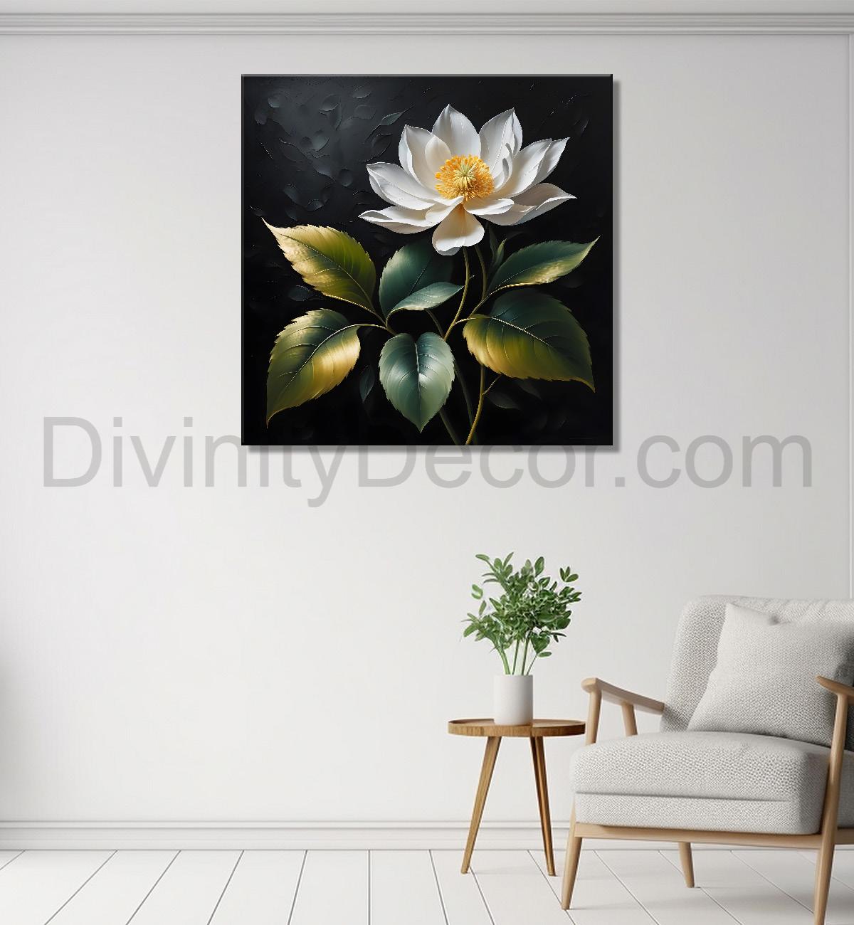 White flower in black textured oil painting - Flower-S-459
