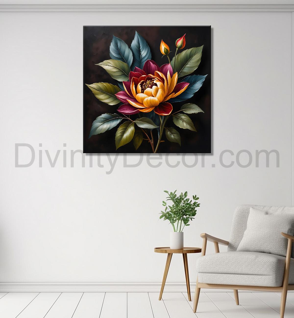 Purple flower in black textured oil painting - Flower-S-460