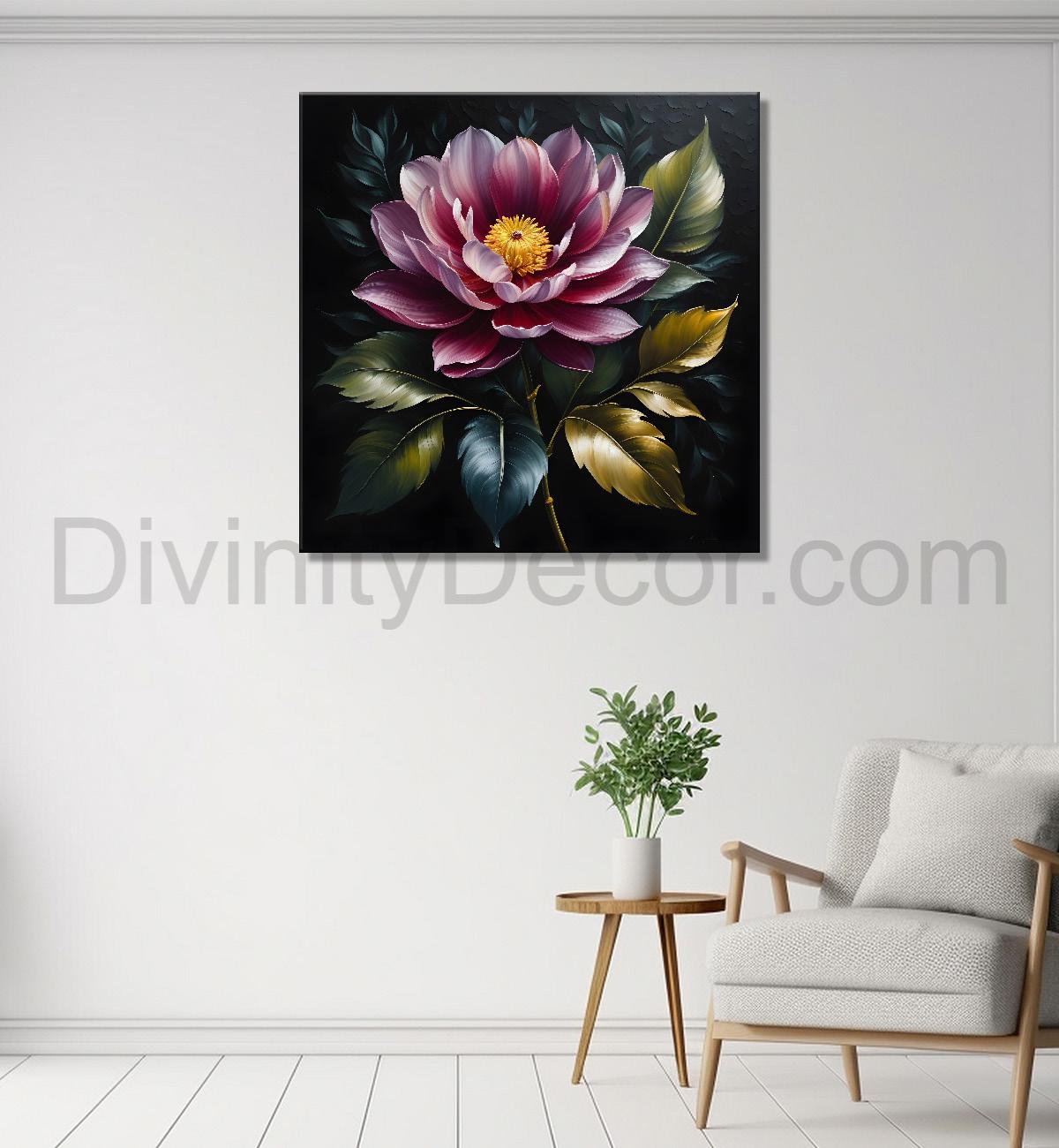 Purple flower in black textured oil painting - Flower-S-461