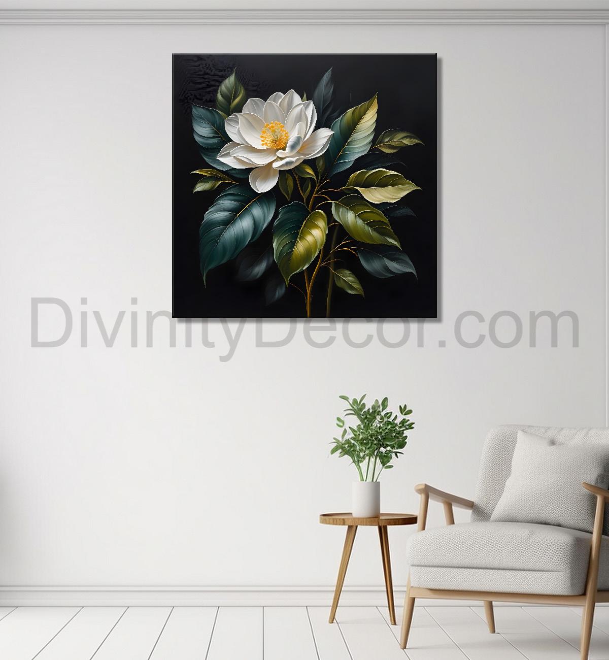 White flower in black textured oil painting  - Flower-S-462