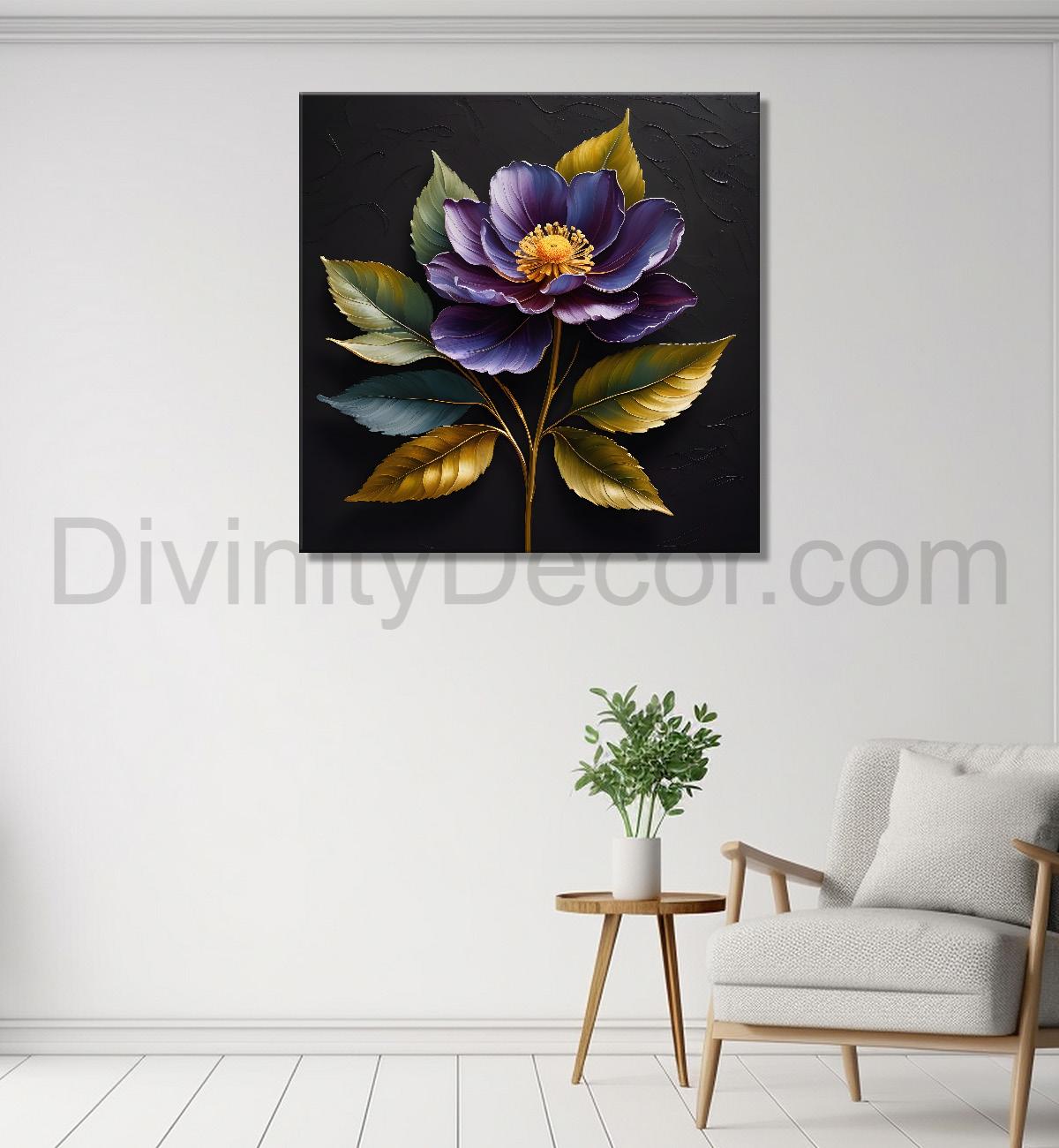 Purple flower in black textured oil painting  - Flower-S-463