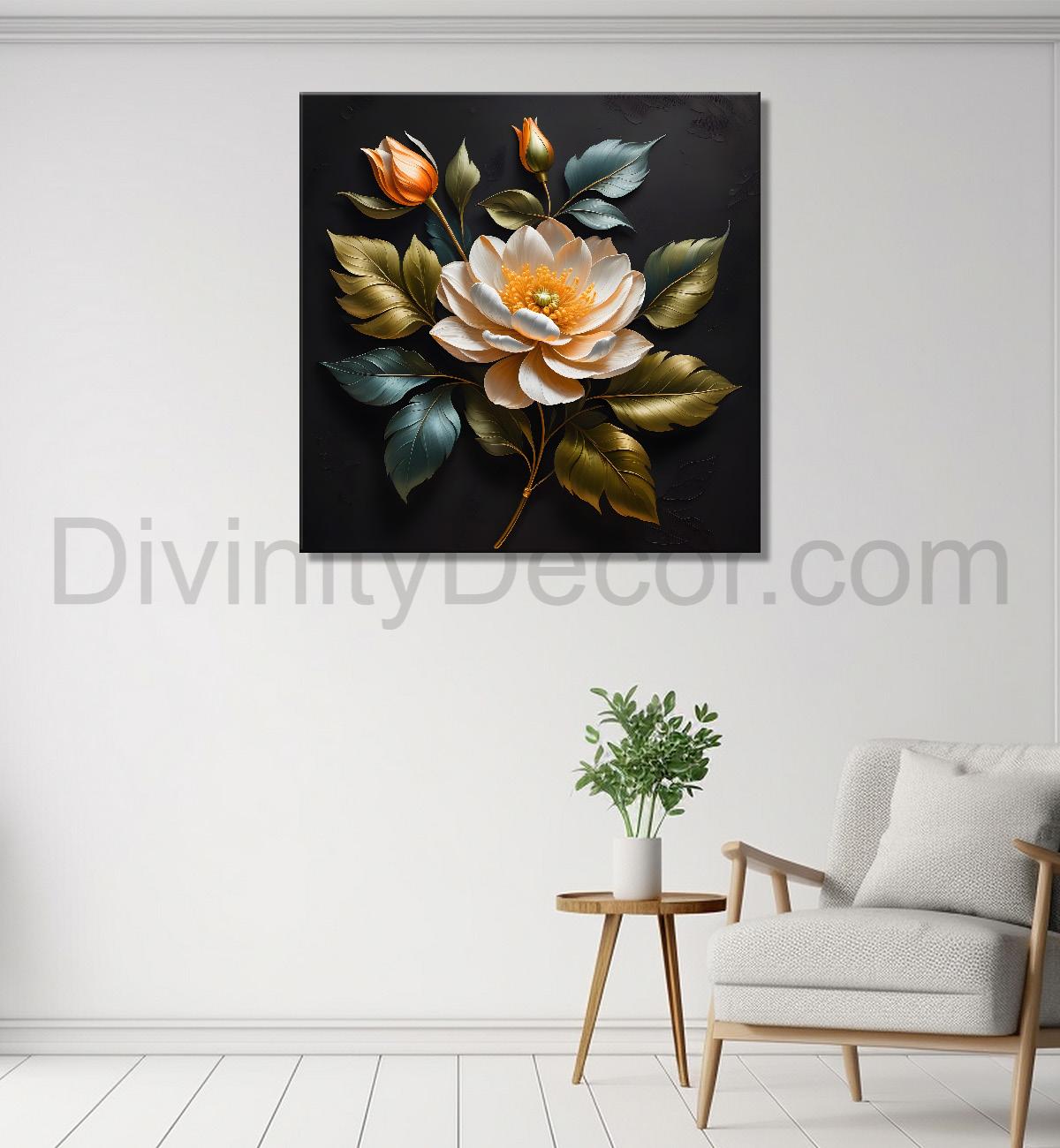 White flower in black textured oil painting - Flower-S-464