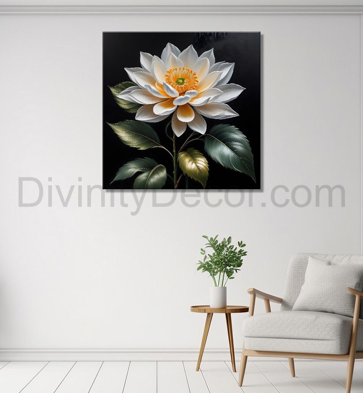 White flower in black textured oil painting - Flower-S-465