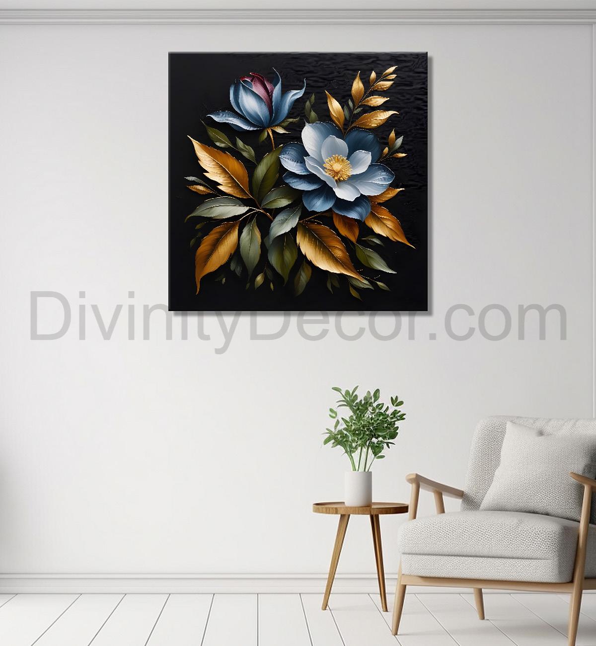 Blue flower in black textured oil painting - Flower-S-466