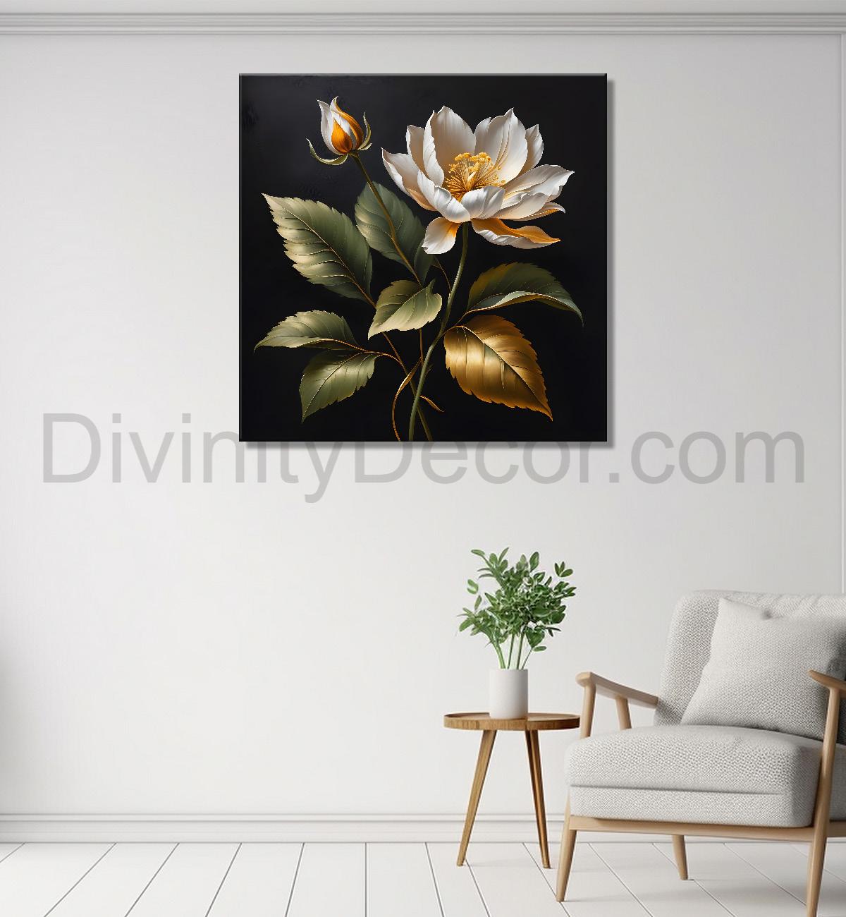 White flower in black textured oil painting - Flower-S-467