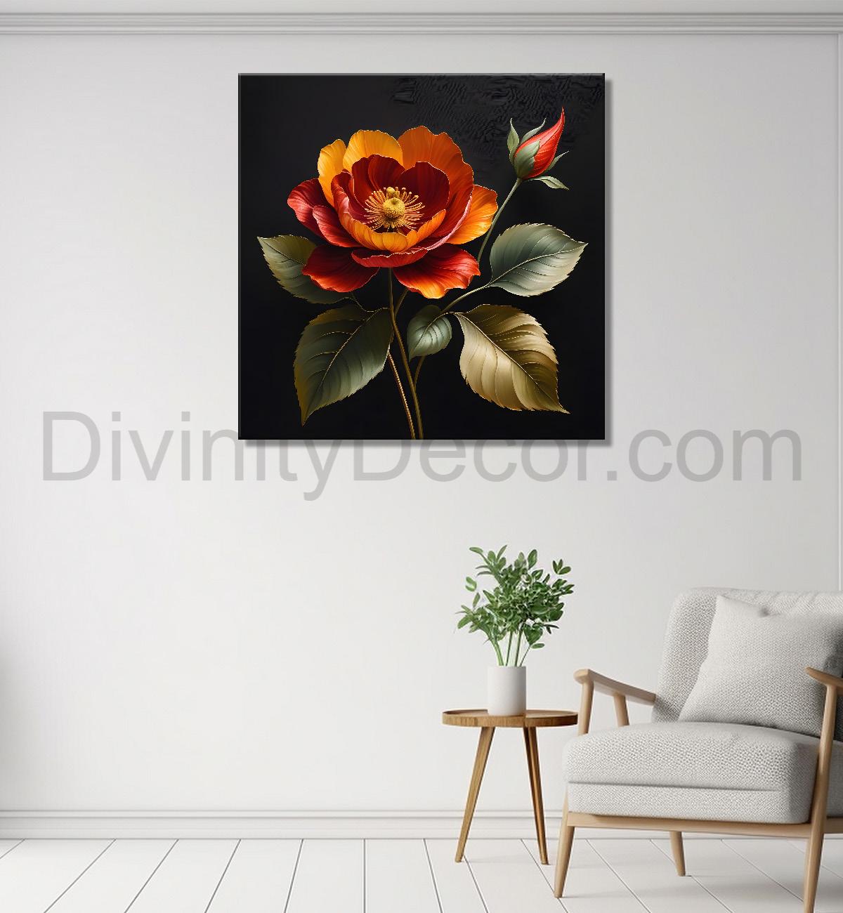 Orange flower in black textured oil painting - Flower-S-468