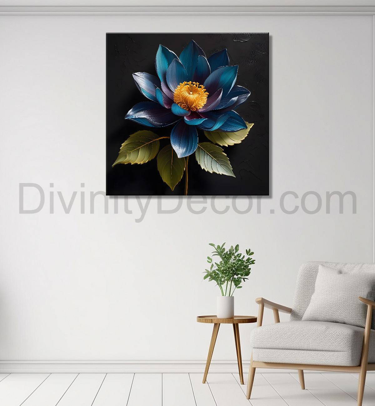 Blue flower in black textured oil painting - Flower-S-469