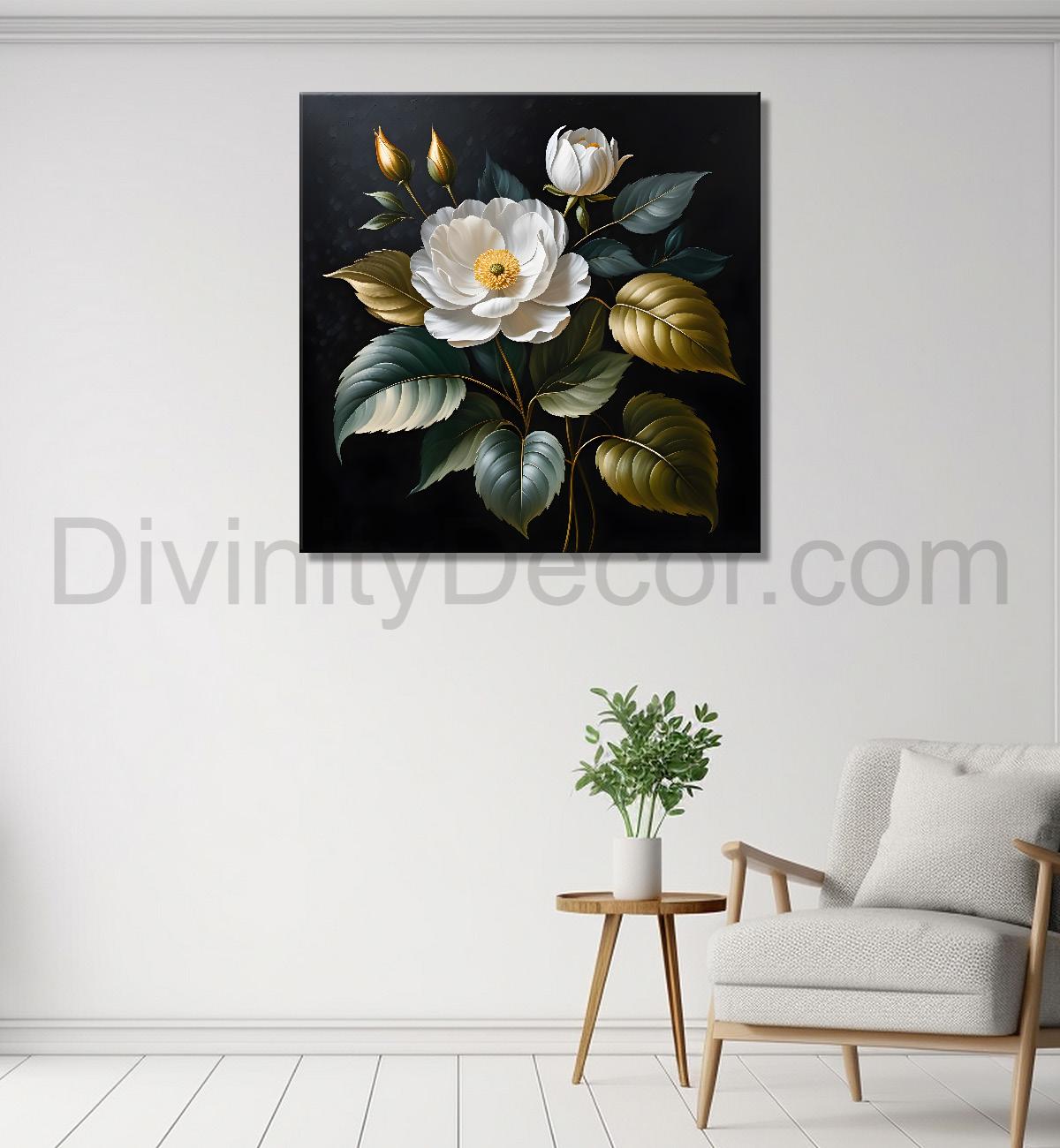 White flower in black textured oil painting - Flower-S-470