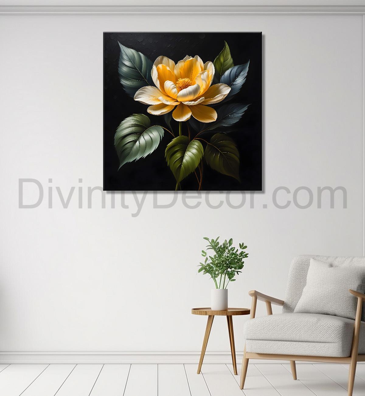 Yellow flower in black textured oil painting - Flower-S-471