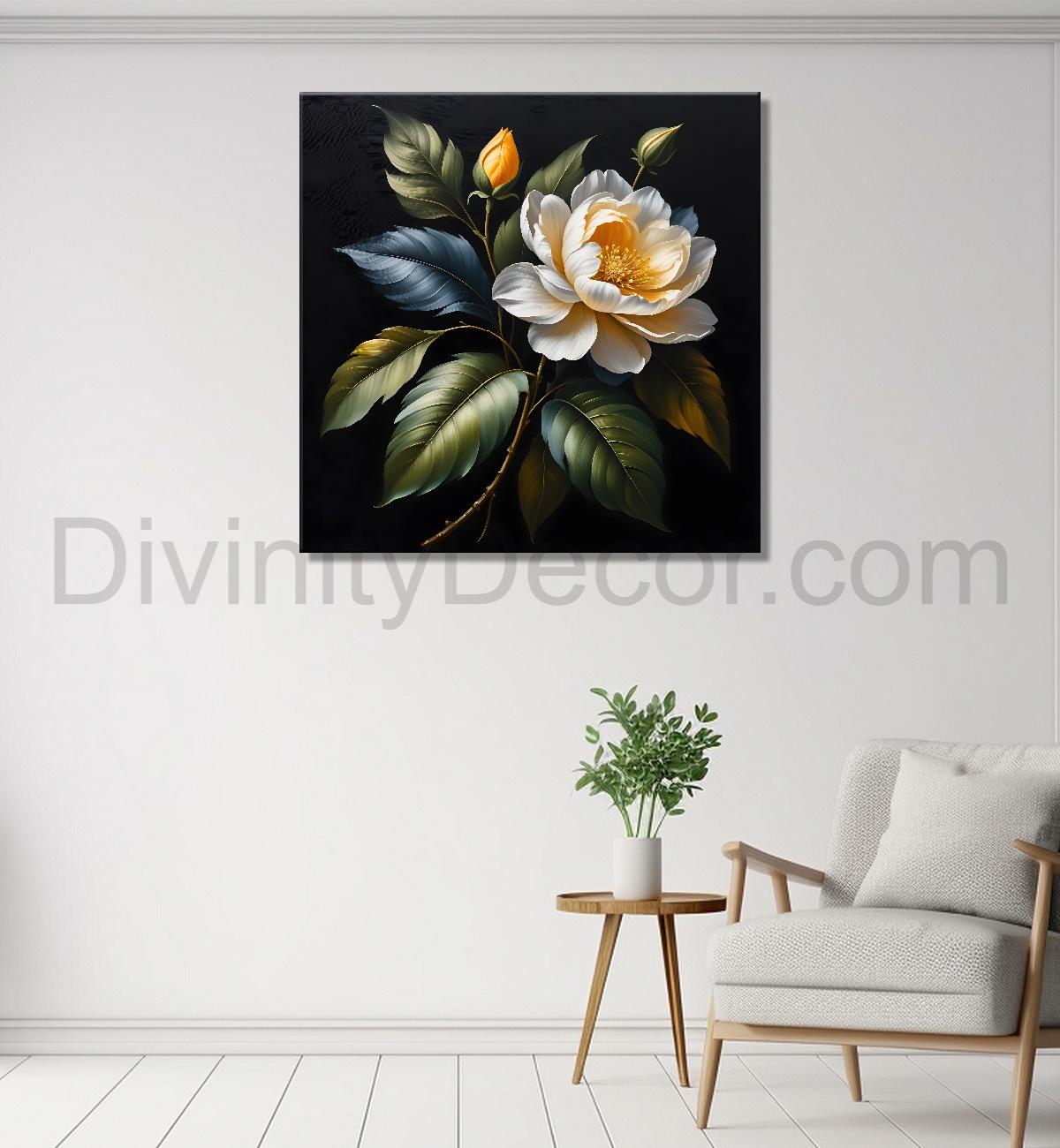 Yellow flower in black textured oil painting - Flower-S-472