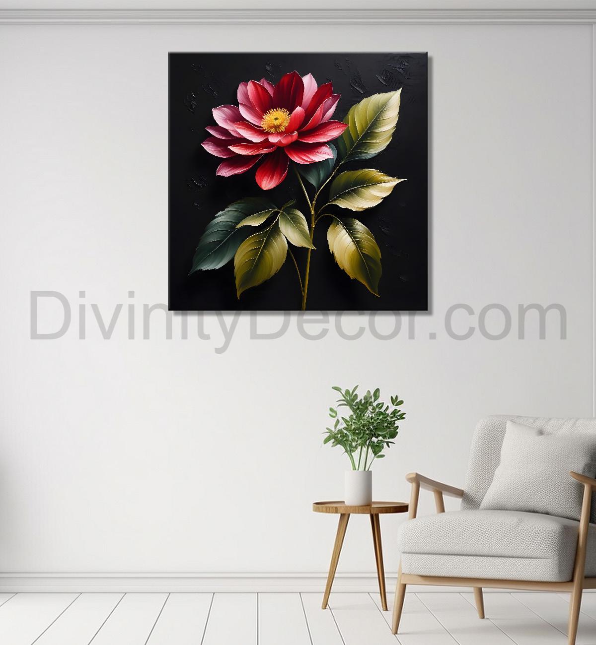 Pink flower in black textured oil painting - Flower-S-473
