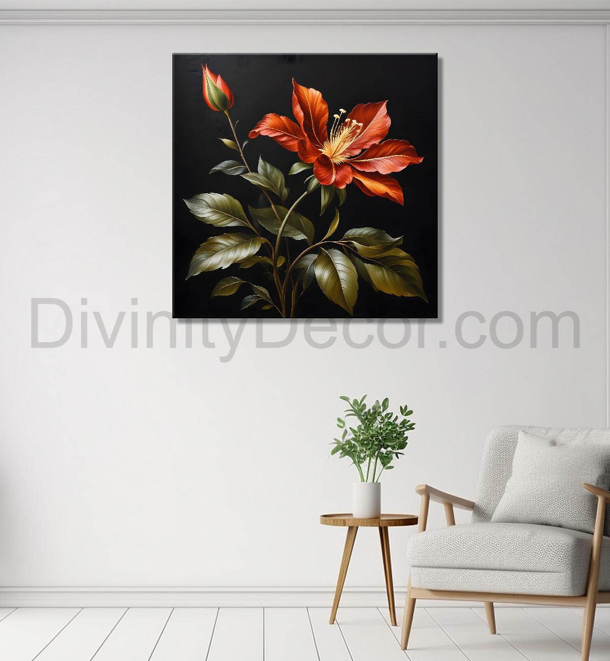 Pink flower in black textured oil painting - Flower-S-474