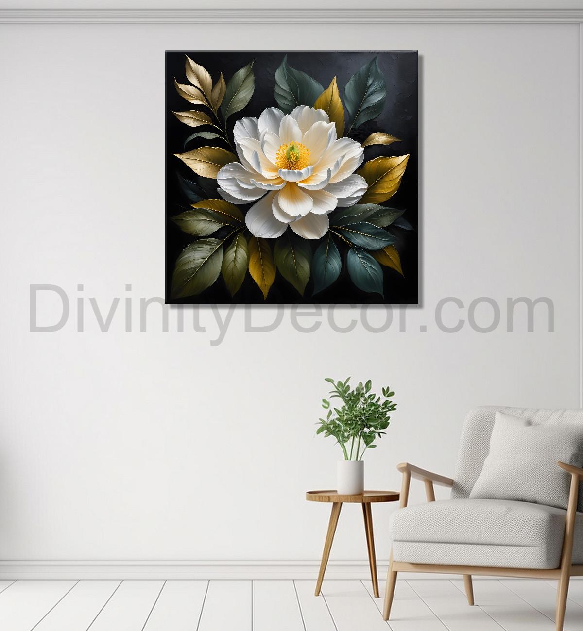 White flower in black textured oil painting - Flower-S-476