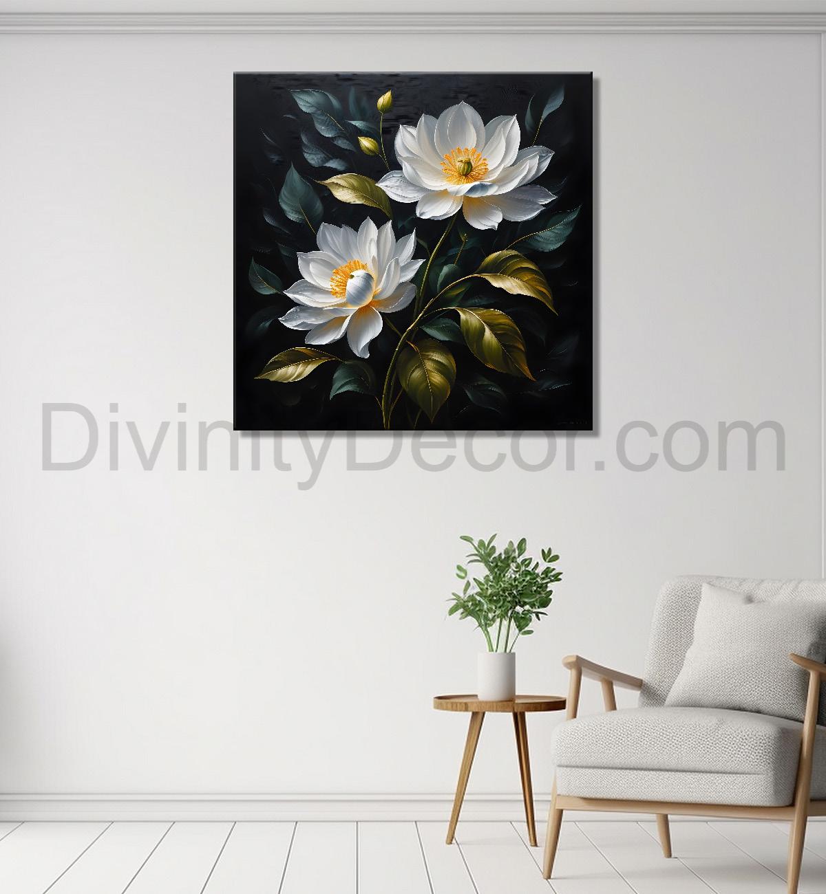 White flowers in black textured oil painting - Flower-S-477