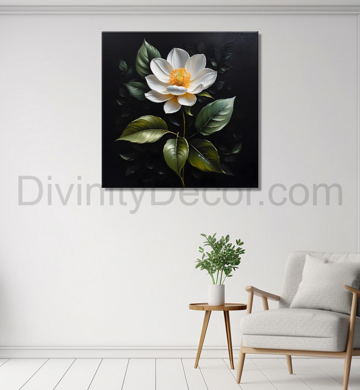 White flowers in black textured oil painting - Flower-S-478