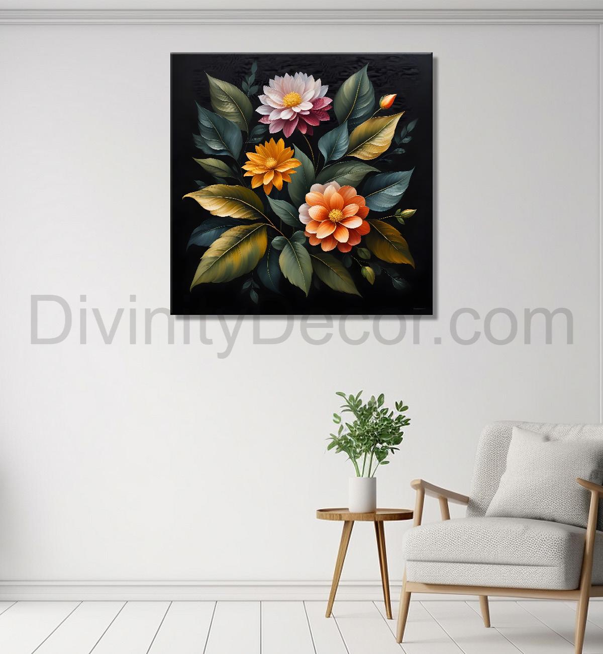 Orange and pink flowers in black textured oil painting - Flower-S-479