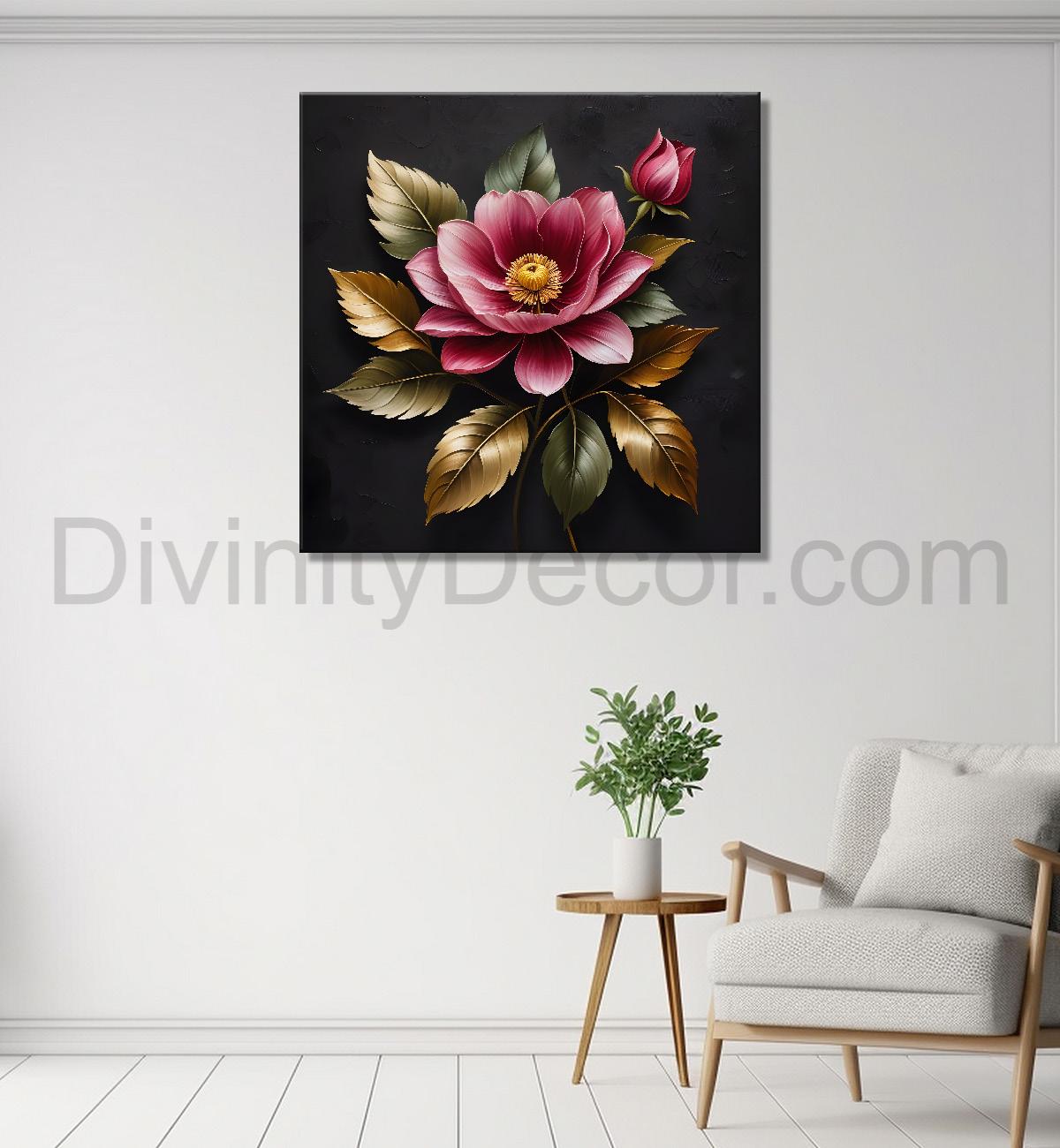 Purple flower in black textured oil painting - Flower-S-480