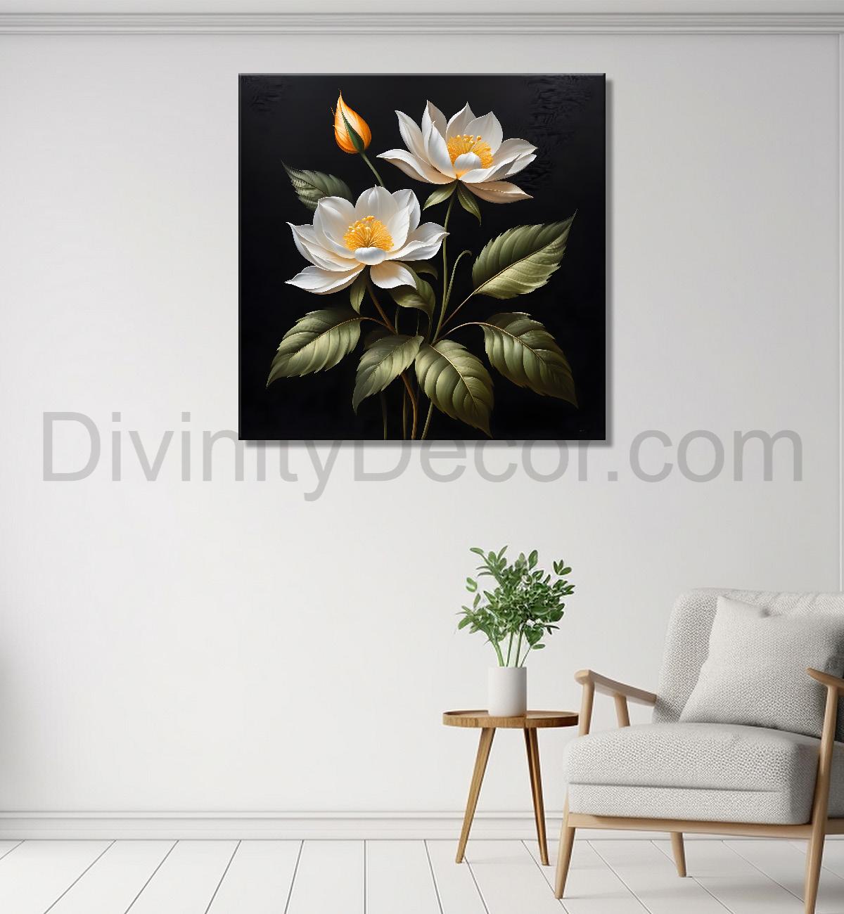 White flowers in black textured oil painting - Flower-S-481