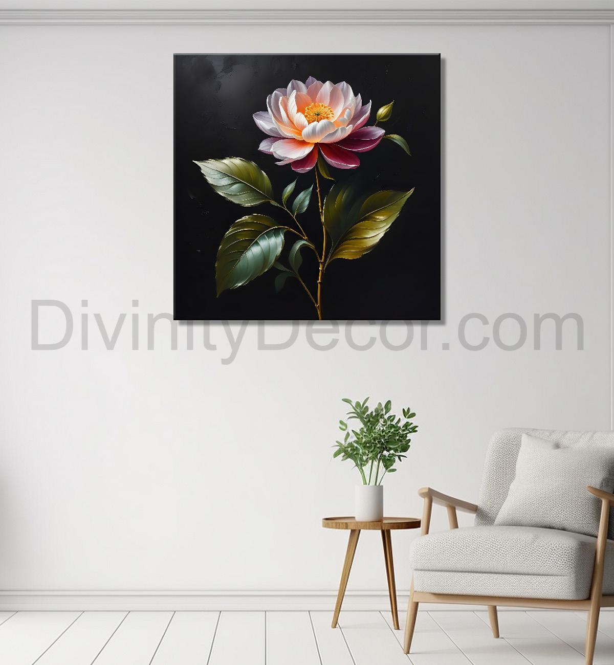 Purple flower in black textured oil painting - Flower-S-484