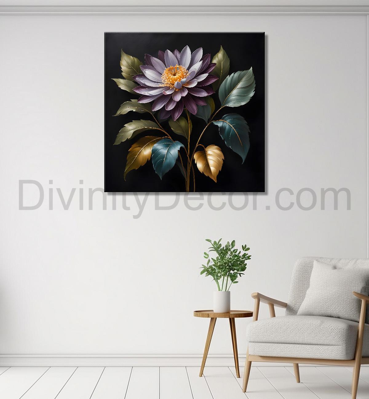 Purple flower in black textured oil painting - Flower-S-485