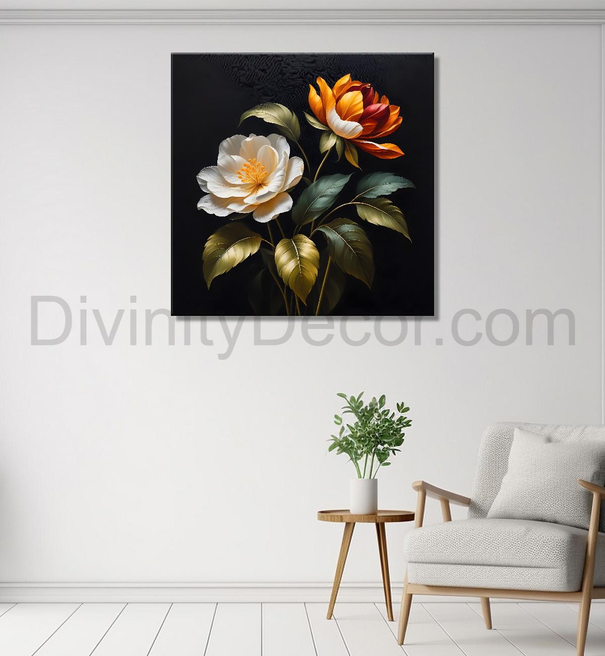 White flower in black textured oil painting - Flower-S-486