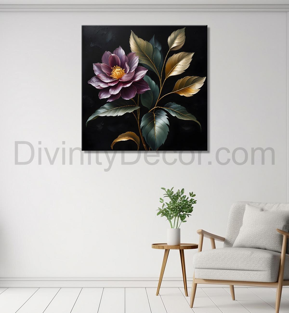 Purple flower in black textured oil painting - Flower-S-487