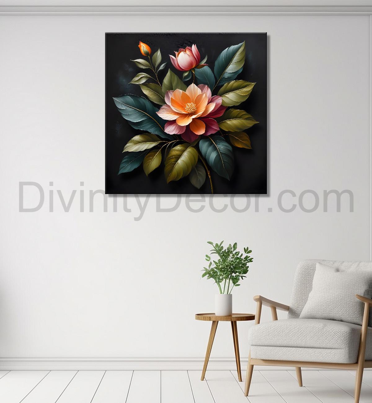 Orange flower in black textured oil painting - Flower-S-488