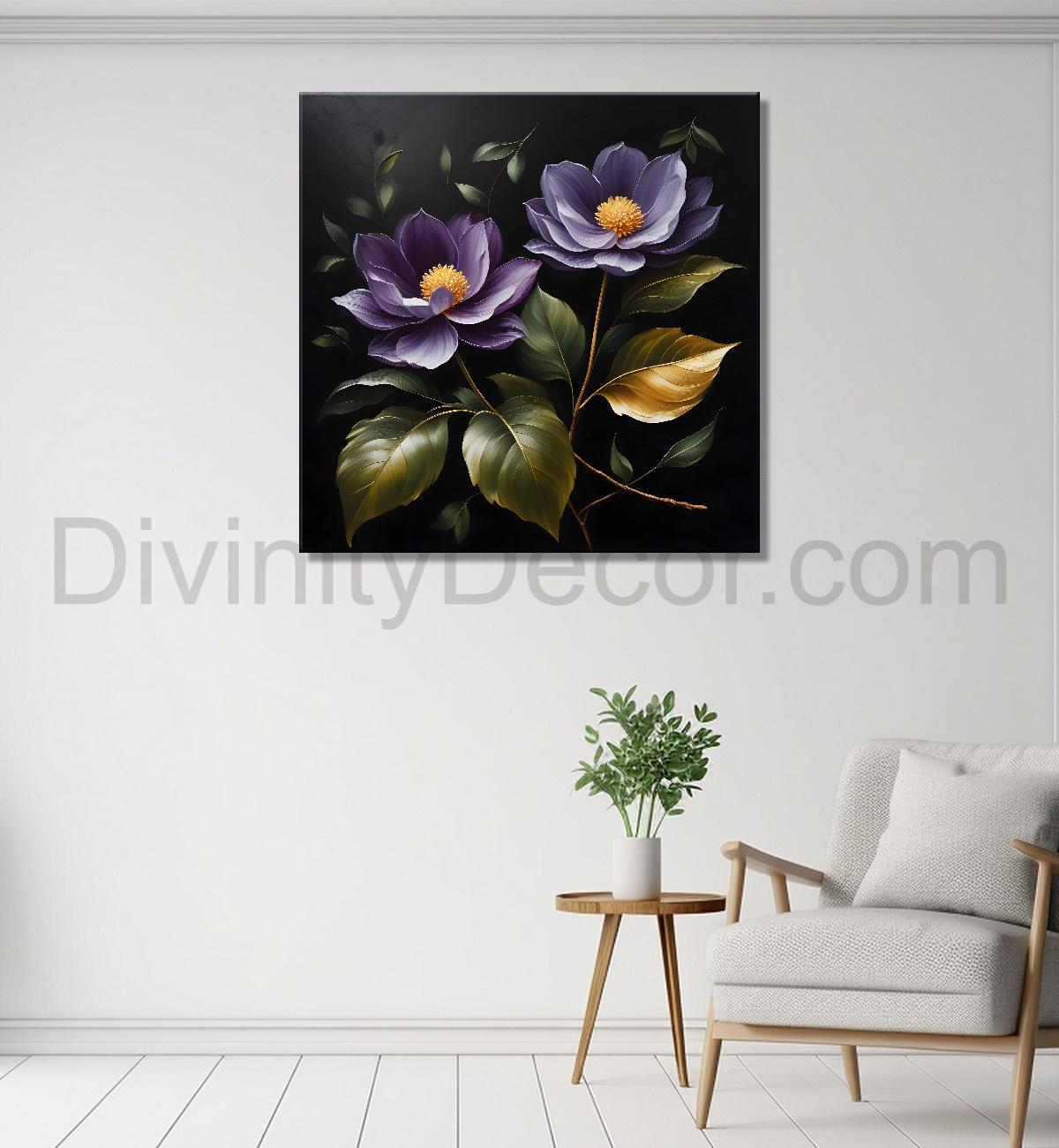 Purple flower in black textured oil painting - Flower-S-489