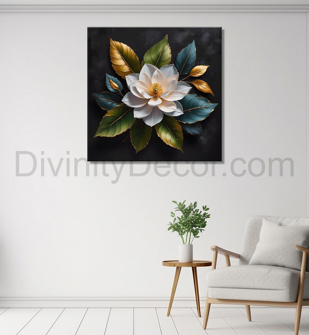 White flower in black textured oil painting - Flower-S-490