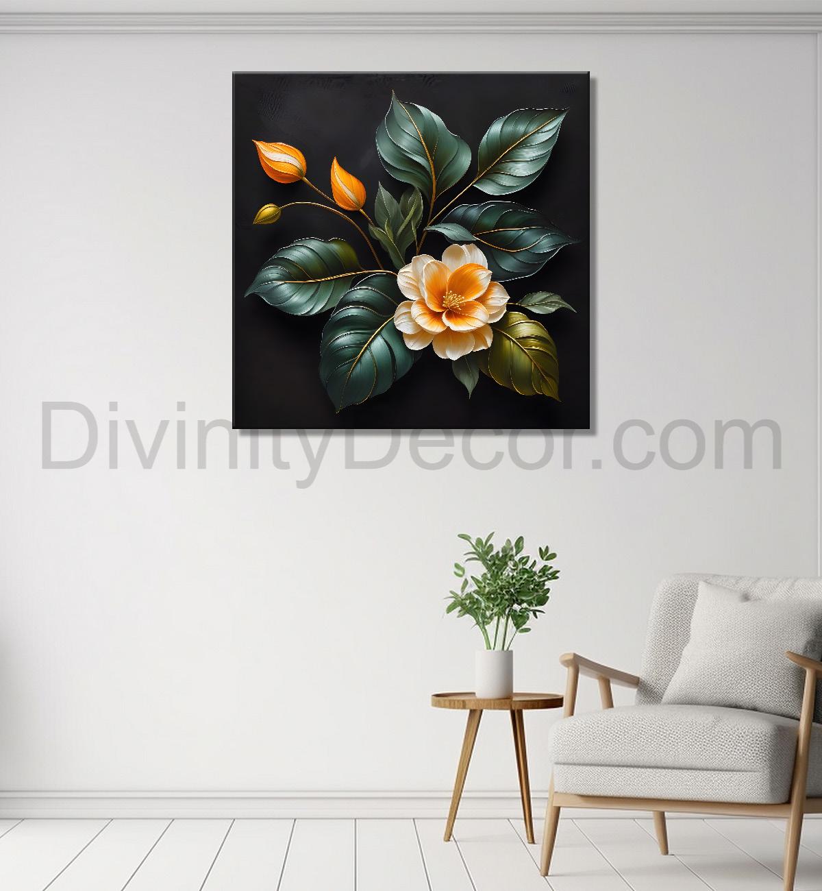 Orange flower in black textured oil painting - Flower-S-491