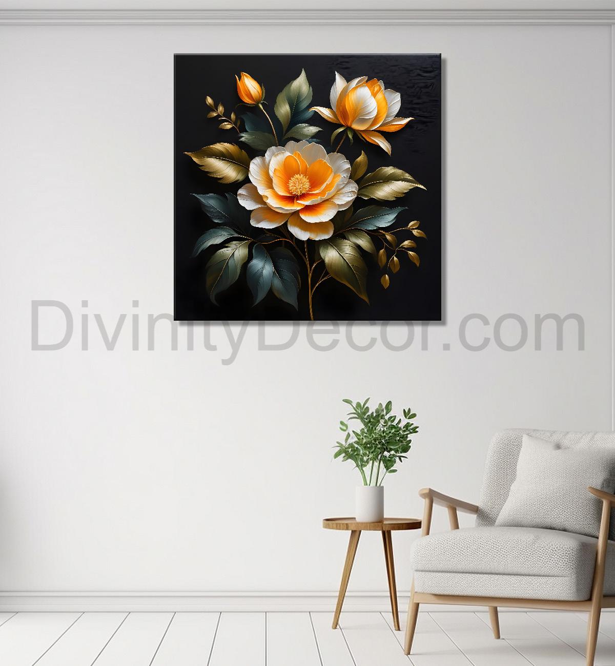 Orange flower in black textured oil painting - Flower-S-492