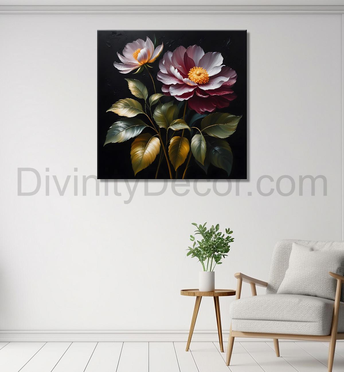 Purple flower in black textured oil painting - Flower-S-493